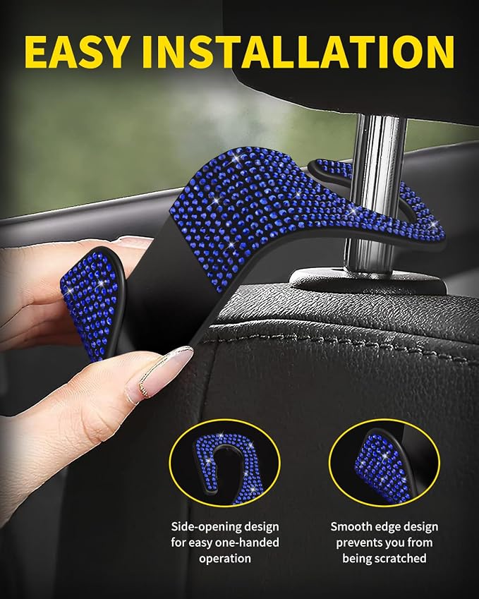 4 Pack Blink Diamond Car Seat Headrest Hooks Crystal Rhinestone Car Purse Holder Universal Car Interior Accessories for Handbags Water Bottles Purse Coats Umbrellas, Blue
