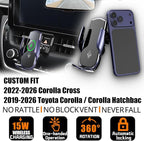 Car Phone Mount for 2019-2026 Toyota Corolla / Corolla Hatchback & 2022-2026 Corolla Cross, 15W Qi Wireless Fast Charging Auto-Clamping Center Console Phone Holder, 360° Adjustable, No Airflow Block