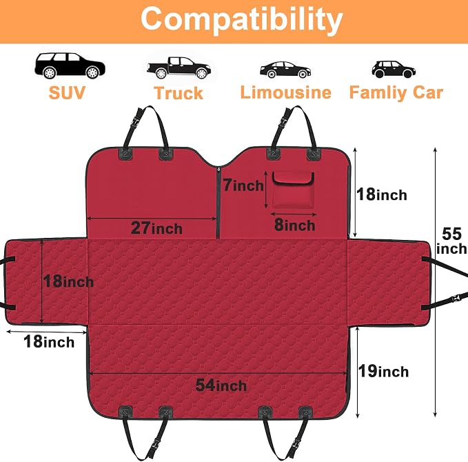 Dog Car Seat Cover for Back Seat, 2026 Upgraded 600D Heavy Duty Waterproof & Scratch-Resistant Dog Hammock for Car, Back Seat Pet Cover for Dogs with Sedan, Trucks and SUVs, Standard, Red