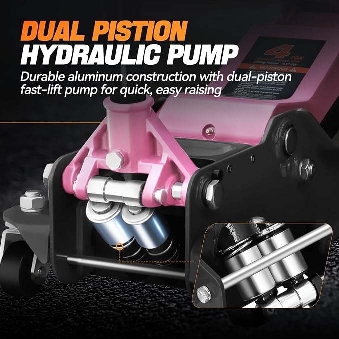4 Ton Low Profile Floor Jack, Heavy Duty Steel Hydraulic Car Jack with Dual Pistons Quick Lift Pump, Hydraulic Racing Floor Jack, Lifting Range 4.5" to 20", Pink
