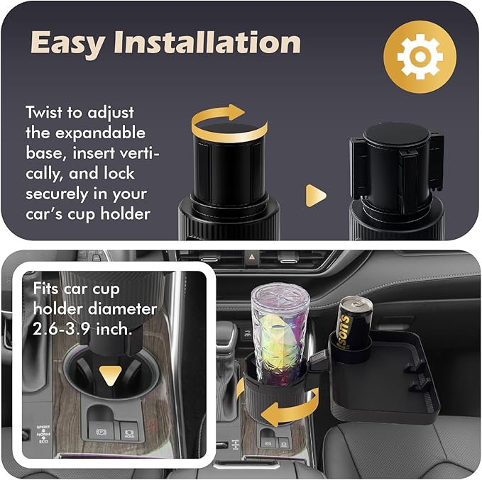 Upgraded Car Cup Holder Tray, 3 in 1 Car Cup Holder Expander Adapter, 360° Rotating Detachable 10.5" Car Food Tray Table for Eating, Road Trip Essentials, Fits Yeti/Hydro Flask 16–46oz
