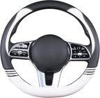 14 inch Cute D Shaped Steering Wheel Cover for Women Men Faux Leather and Carbon Fiber,Black and White