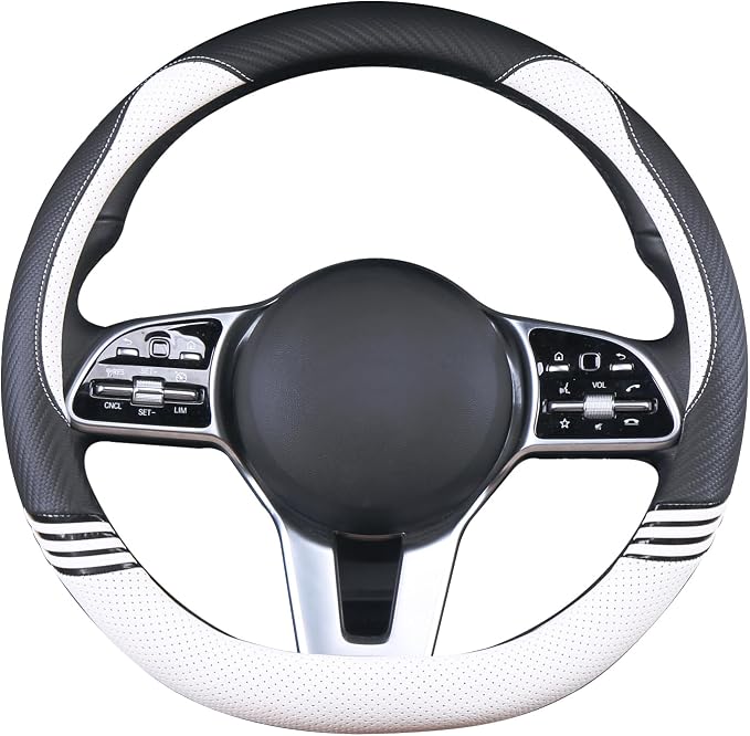 14 inch Cute D Shaped Steering Wheel Cover for Women Men Faux Leather and Carbon Fiber,Black and White
