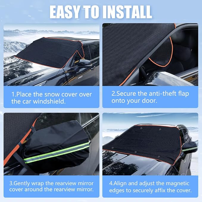 Car Windshield Cover for Ice and Snow, Windshield Snow Cover, Performance Brake Kits with Side Mirrors Cover, Fits Most Cars, Trucks, Vans, SUVs, Orange Strips