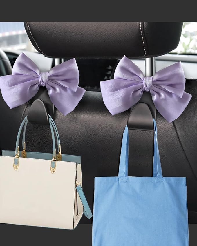 2 Pack Car Purse Holder for Handbags and Bags, Headrest Back Seat Hooks for Cars, Car Bag Hanger for Groceries, Coats, Umbrellas and Daily Essentials, Bow-Shaped Car Interior Organizer (Taro purple)