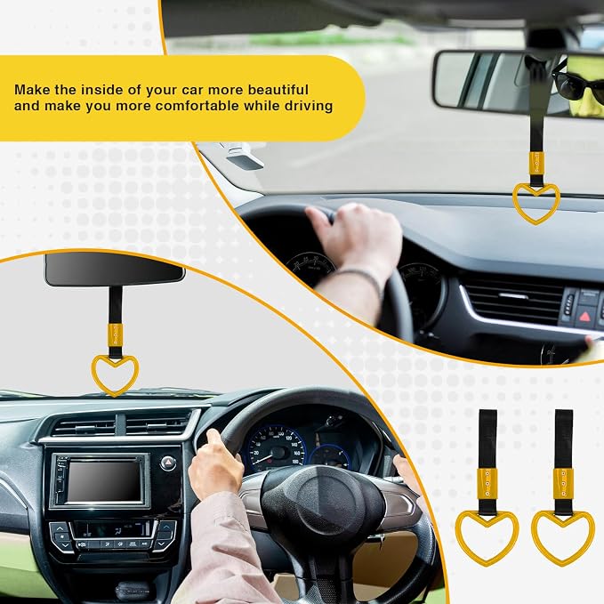 2PCS Heart Shaped Car Handle Straps, Rear Bumper Warning Keychain Ring for Car Exterior Accessories (Yellow)