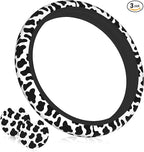 Cow Print 3pc car Set : Steering Wheel Cover + 2 Pc Car Coasters | neoprene Anti-Slip Breathable Universal 14.5-15.5 in for Suitable for Men Women