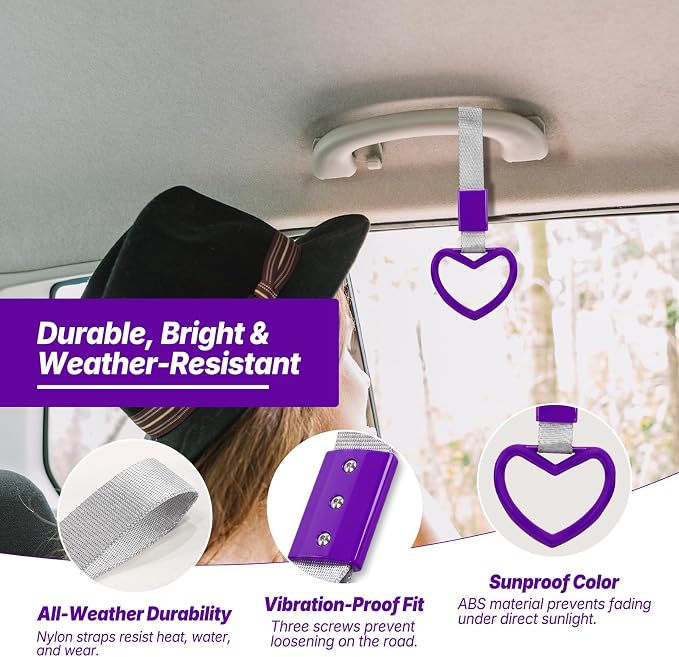 2 Pcs Heart Shaped Car Handle Strap – JD M Drift Charm Rear Bumper Warning Ring Decor for Car Interior Exterior, Subway Bus Handle Accessory, Cute Heart Car Decor Gift for Drivers (Purple-Silver)