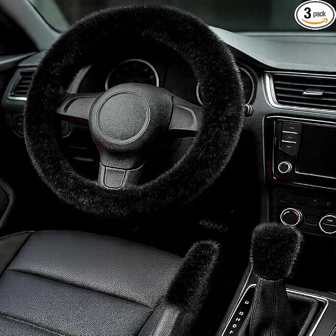 Fluffy Steering Wheel Cover 3PCS Set – Plush Fuzzy Fur Steering Wheel Cover with Gear Shift Cover & Handbrake Cover, Winter Warm Car Accessories, Car Interior Accessories for Women (Black)