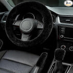 Fluffy Steering Wheel Cover 3PCS Set – Plush Fuzzy Fur Steering Wheel Cover with Gear Shift Cover & Handbrake Cover, Winter Warm Car Accessories, Car Interior Accessories for Women (Black)