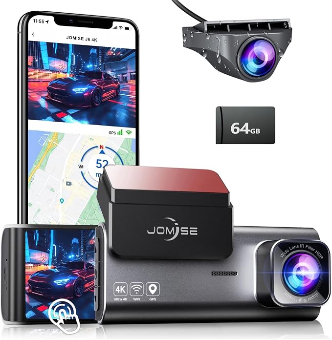 4K Dash Cam Front and Rear, 3.16” IPS Touch Screen, 64GB Card Included, Dual Dash Camera for Cars, Built-in GPS Wi-Fi, UHD 2160P Night Vision, WDR, 24H Parking Monitor (J6)