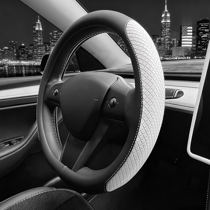 Flat Bottom Steering Wheel Cover, D Shaped Car Wheel Cover 14 1/2-15 in. (37-39 cm), Black White Embossed Microfiber Leather