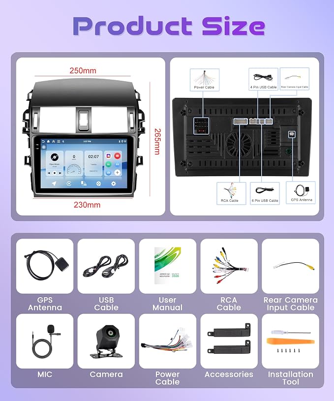 4Core 4G+128G Android 15 Car Radio for Toyota Corolla 2009-2013, Car Stereo Wireless Carplay Andorid auto Mirror Link 9'' HD Touchscreen GPS WiFi Bluetooth 5.0 FM/RDS EQ-32 SWC Backup Camera