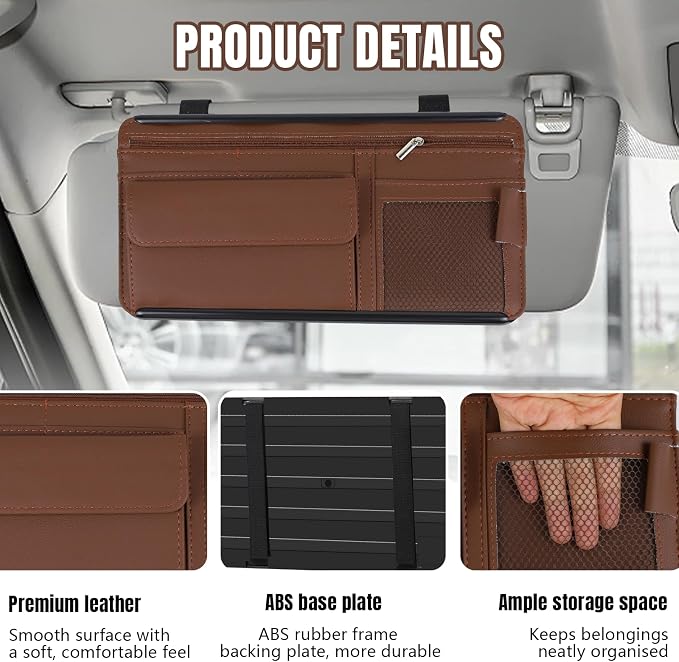 Car Visor Organizer, Leather Multi-Pocket Auto Sun Visor Storage Pouch with Sunglasses Holder, Card Holder, Zipper Pocket, Net Pocket, Pen Slot, Universal Interior Car Accessories (Brown)