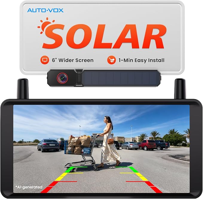 6" Solar Wireless Backup Camera: No Drilling 1-Min Quick Install | Dual Antenna for Smooth Live View, 1080P Screen with Color Night Vision, Long Battery & Solar Recharge for Car Truck Trailer