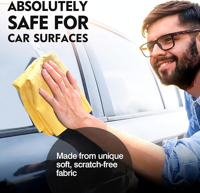 Premium Shammy Towel for Car Drying 2pk (26”x17”)-Super Absorbent Chamois Towel-Reusable shamies Towels for Cars, Bathroom,Pets, Dust Remove, No Spots/Streak/Scratch, Large, Yellow&Blue