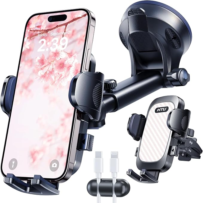 HTU 2026 Ultimate Best【True Military-Grade & Safety Cert】Car Phone Holder【Upgraded 360 Rotation & 100+LBS Strongest Suction】5-in-1 Truck Windshield Dashboard Vent Mount Stand for iPhone Android, Pink