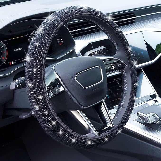 Bling Steering Wheel Cover, Rhinestone Steering Wheel Cover with Crystal Diamond for Women, Sparkling Car Wheel Protector Universal Fit 14-15 inches - Black