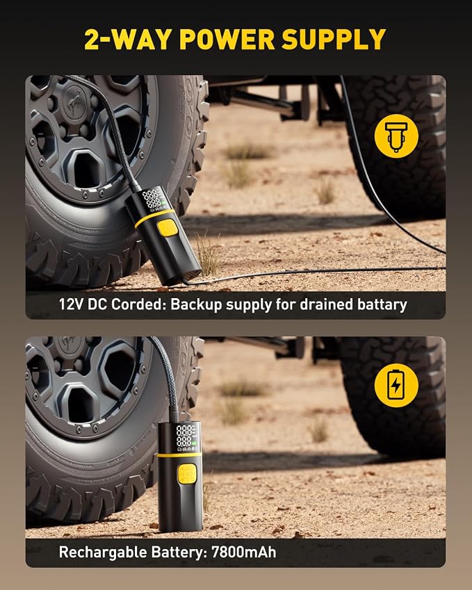 AS1 PRO Tire Inflator Portable Air Compressor - 150PSI Dual Cylinder 7800 mAh & 12V DC, Bike Pump Air Pump for SUV, Truck, Bike, Motorcycle with Digital Tire Pressure Gauge, Car Gifts for Men