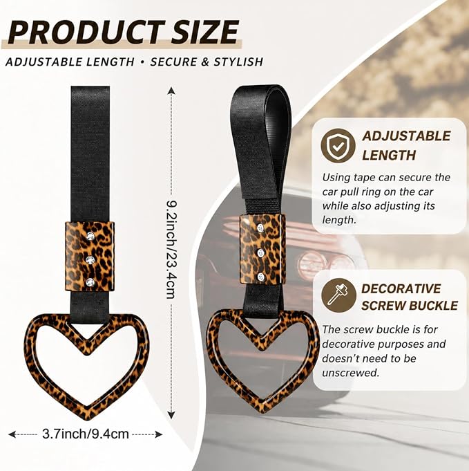 Leopard Heart Car Handle Strap Drift Charm Car Accessories for Women Cheetah Rear Bumper Warning Ring Decor for Auto Bus Subway Interior Exterior Decorations(Leopard, Heart Style)