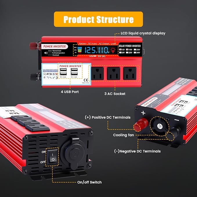 1000W Peak Power Inverter 12V DC Volt to 110V AC Car Inverter with LCD Screen Display, 3 AC Outlets, 4X 2.4A USB Port, Car Power Converter for Truck, Home, Vehicles, Laptop, Trip