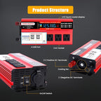 1000W Peak Power Inverter 12V DC Volt to 110V AC Car Inverter with LCD Screen Display, 3 AC Outlets, 4X 2.4A USB Port, Car Power Converter for Truck, Home, Vehicles, Laptop, Trip