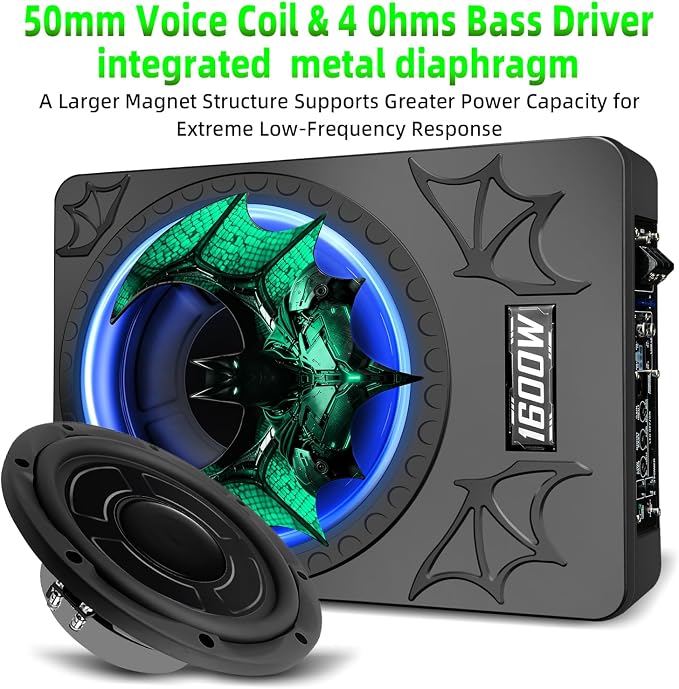 1600W Car Subwoofer, 10" Ultra-Thin Powered Under-Seat Subs with Built-in Amplifier, (LPF/Gain/Bass Boost) LED Ambient Lights, Independent Bass Knob, Distortion-Free Deep Bass for Most Vehicles