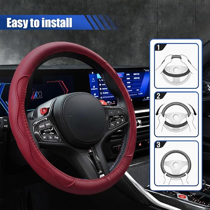 15 Inch Leather Car Steering Wheel Cover for SUV, Truck, Burgundy | Anti-Slip Breathable Automotive Steering Wheel Protector, Universal Heat Resistant Vehicle Interior Accessories