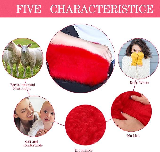 Furry Armrest Cover Auto Center Console Cover Car Soft Console Pad, Real Sheepskin Wool Soft Fluffy Auto Center Armrest Pad for Most Car Decoration Protector(Red)
