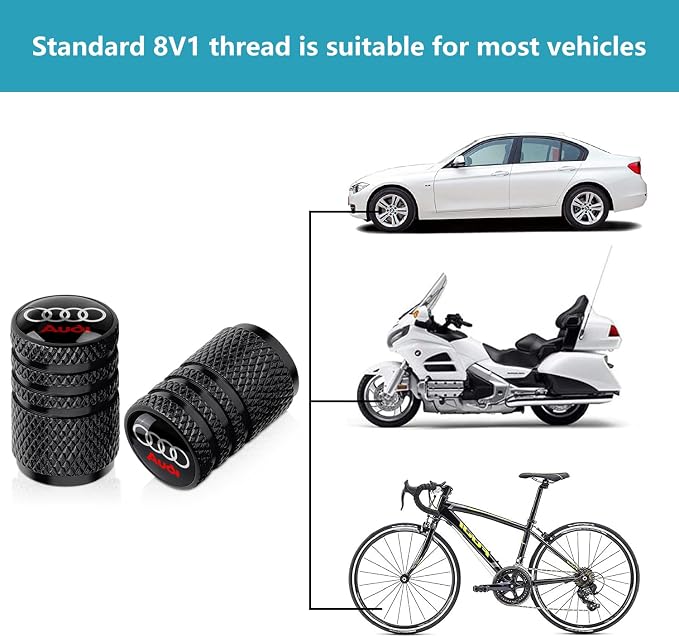 Tire Valve Stem Caps for Audi Metal Car Wheel Air caps Auto Valve Stem Caps Accessories 4 Pcs Black