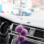 Bling Diamond Heart Car Interior Accessories, Car Mirror Hanging Ornament for Women, Love Heart & Pink Plush Ball Decor Ornament Pendant (Eggplant Purple)