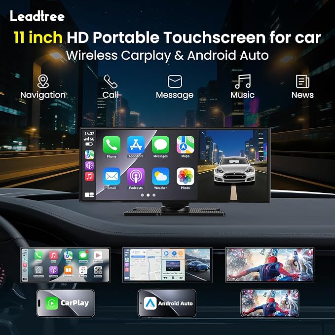 11.5 '' Wireless CarPlay Screen for Car, A-pple CarPlay & Android Auto HD Touchscreen with 4K Dash Cam/1080P Backup Camera/Navigation/Bluetooth/Voice Control/FM/Mirror Link,for All Vehicles