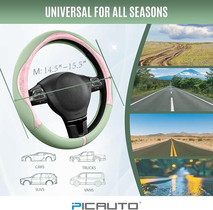Steering Wheel Cover, Pink Patterned & Green Leather Patchwork Design, Universal Fit 14.5"–15.5", Anti-Slip, Odor-Free, Soft PU Grain Leather, Durable Grip Car Accessory for Girls & Women