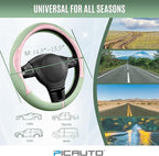 Steering Wheel Cover, Pink Patterned & Green Leather Patchwork Design, Universal Fit 14.5"–15.5", Anti-Slip, Odor-Free, Soft PU Grain Leather, Durable Grip Car Accessory for Girls & Women