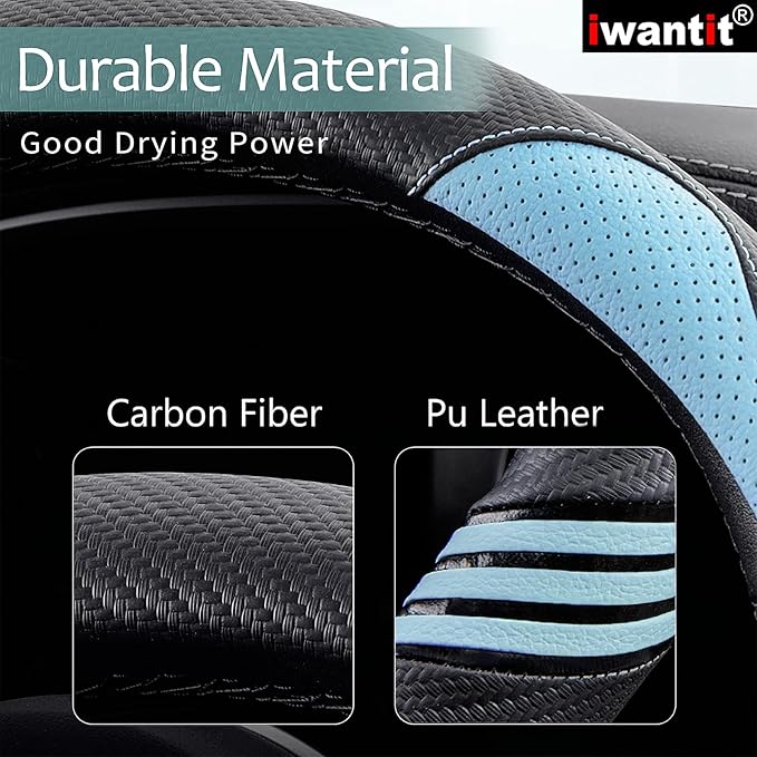Cute Steering Wheel Cover for Women, Carbon Fiber&Breathable Pu Leather with Anti-Slip Rubber Ring, Steering Wheel Protector for Men, Universal Fit 14.5-15 inches for Cars,SUV (Cool Blue)