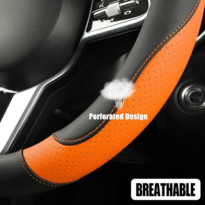 Black Orange Microfiber Leather Steering Wheel Cover 14 inch | Breathable Anti Slip Grip Cool Sporty Look Glow for Women Men