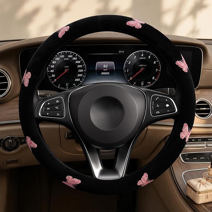 Pink Embroidery Butterfly Steering Wheel Cover, Nappa Leather Material, Universal 14.5-15 Inch Leather Anti-Slip Breathable Auto Steering Wheel Covers for Men Women
