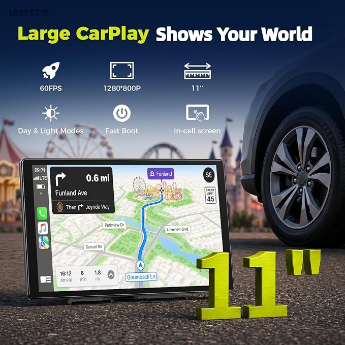 LAMTTO 11" Wireless CarPlay Screen with in-Cell Display - Dual-Band WiFi, OTA Updates & Mirror Link for iPhone & Android, A Thoughtful Gift for Family & New Drivers
