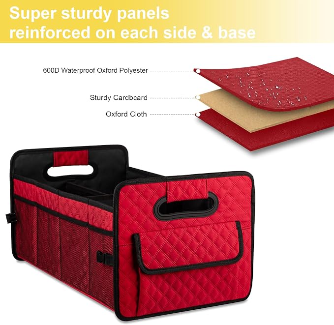 Car Trunk Organizers and Storage for SUV, Collapsible Multi Compartment Container Box Adjustable Car Accessories for Women Men, Red