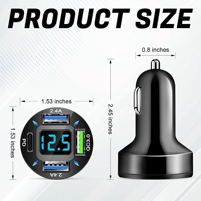 4-Port Car Charger, 12-24V Cigarette Lighter Adapter with 3 USB & 1 USB-C Port, Supports QC/PD Fast Charging, Features Digital Display and LED Lights, Fits iPhone, Fits Samsung and More Phones