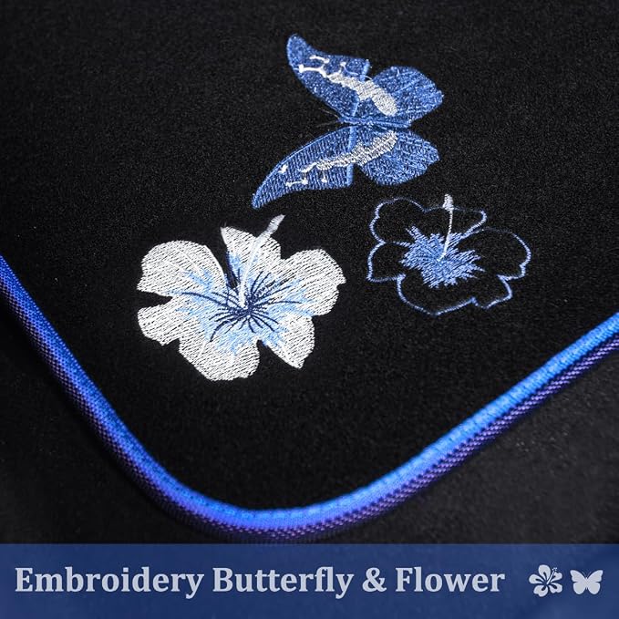 Universal Fit Embroidery Butterfly and Flower Car Floor Mats, Blue Car Floor Mats Fit 95% Automotive,SUVS,Sedan,Vans,for Women,Girly,Set of 4 (Black with Blue)