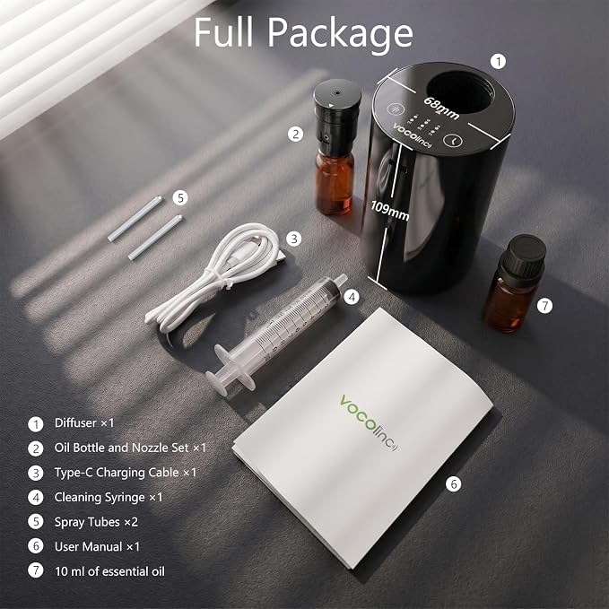 Waterless Diffuser for Essential Oil Starter Kit with 10mL Hotel Scent Fragrance Oil, Battery Operated Nebulizer, Mini Scent Air Machine, 3 Timers & 3 Mist Levels for Home, Room, Car, Office