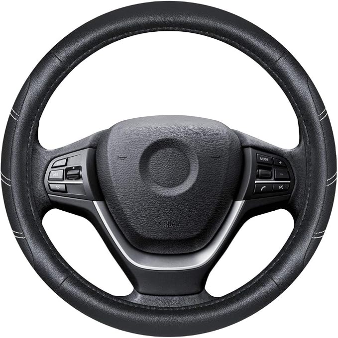 Leather Steering Wheel Cover 15 1/2 to 16 inch Universal Large Soft Grip Breathable for Car Truck SUV Jeep Anti Slip Black