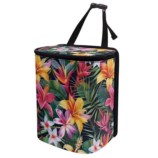 Tropical Hiiscus Plumeria Print Car Trash Can with Lid, Leak Proof Auto Trash Bag Hanging Vehicle Garbage Can Multipurpose Storage Container for Back Seat Road Trip