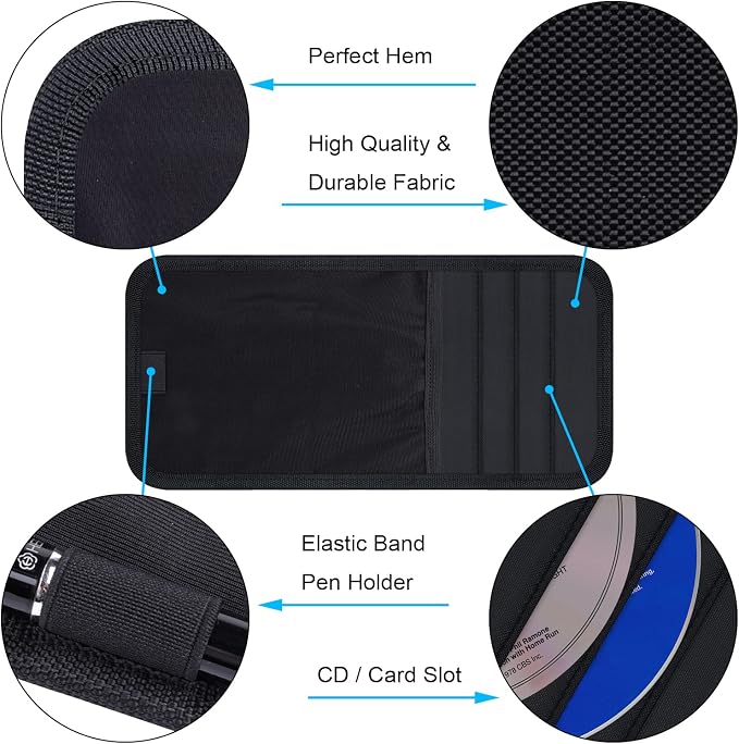 Car Sun Visor Organizer, Auto Storage Pouch with 3 CD Sleeves, Pen Holder, Strap & Pocket for Sunglass, Document, Card -Black