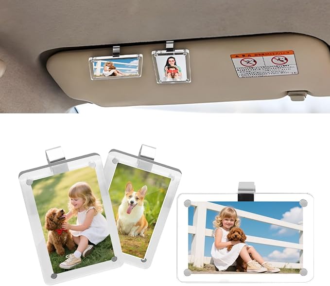 3 Pack Car Picture Holder, Car Sun Visor Magnetic Picture Frame with Clips, Universal Personalized Car Visor Photo Clip Car Accessories