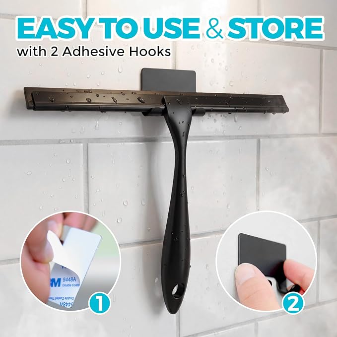 2pcs Shower Squeegee for Glass Doors with Adhesive Hanging Hook Set | 12” black, bathroom accessories, window cleaner, new home essentials, soft rubber blade, metal handle, ergonomic grip