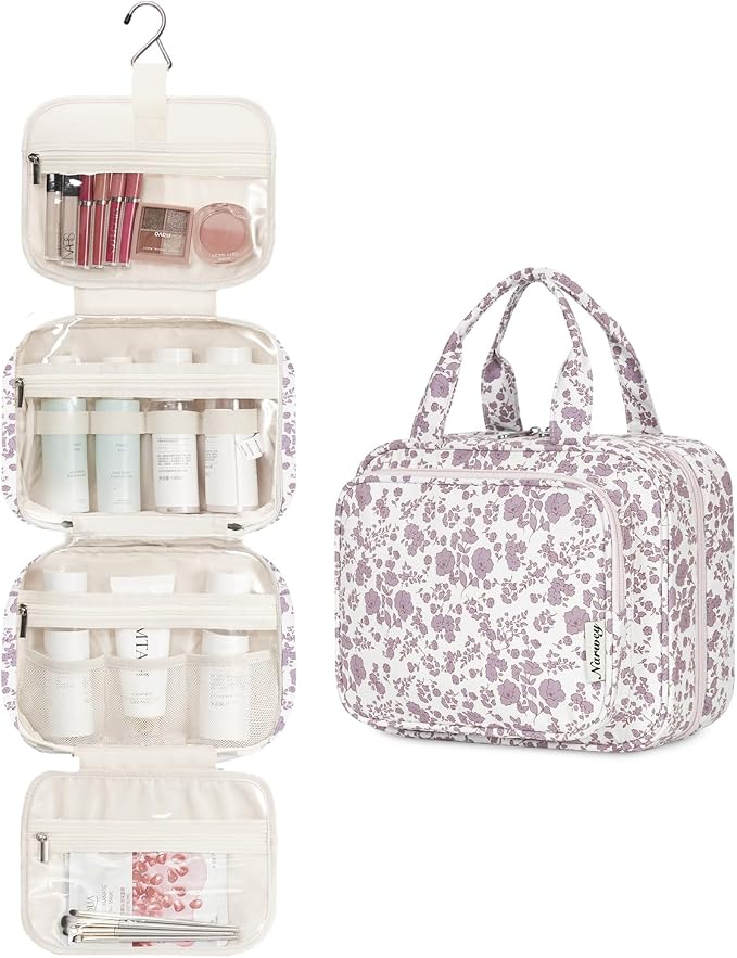 Hanging Floral Toiletry Bag for Women Travel Makeup Bag Organizer Toiletries Bag for Travel Size Essentials Accessories Cosmetics (Dusty Pink Flower (Medium))