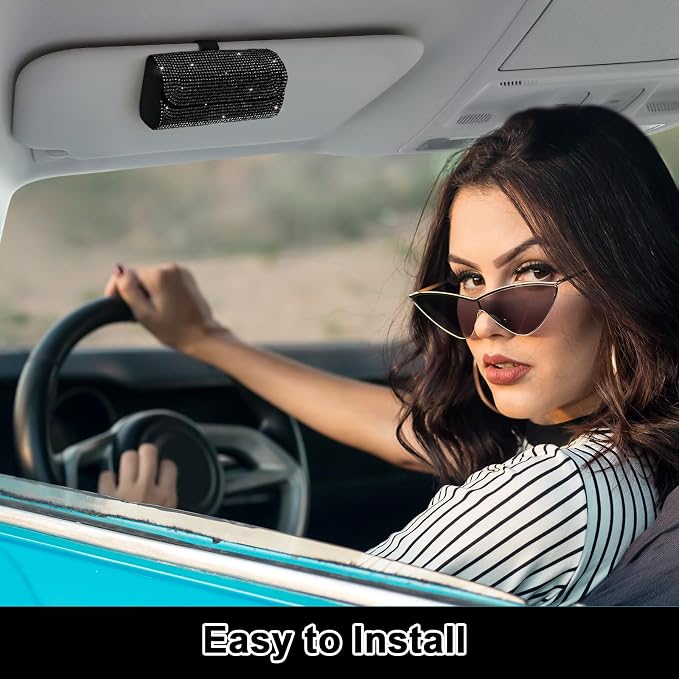 Bling Sunglasses Holder for Car Sun Visor, Sparkling Auto Glasses Clip Case Eyeglasses Protective Box, PU Leather Car Sunglass Storage Organizer for Truck, SUV, RV (Black Crystal)