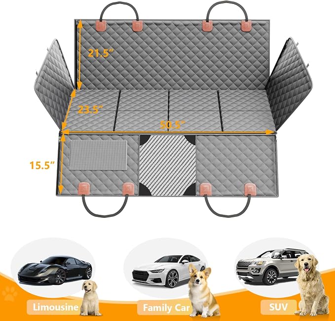 Back Seat Extender for Dogs, Hard Bottom Dog Car Seat Cover - Supports 400lbs, Rear Seat Pet Cover with Mesh Window, Waterproof Dog Hammock for Car SUV